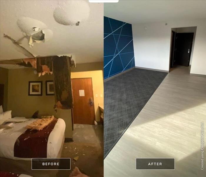 Before and after photos of water damage in a commercial property
